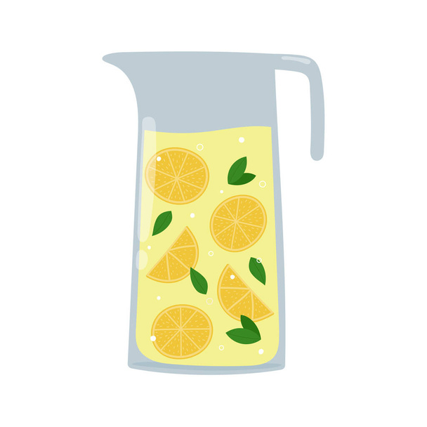 Limonada em jarro de vidro. Bebida de verão de desenhos animados com limão e folhas de hortelã. Ilustração vetorial isolada.  - Vetor, Imagem