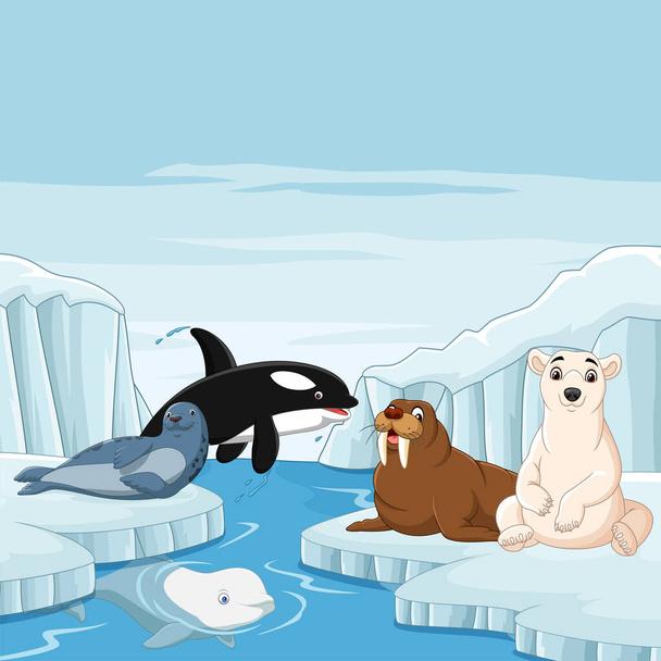 Εικονογράφηση διάνυσμα των καρτούν αρκτική ζώα σε αρκτικό φόντο του τοπίου - Διάνυσμα, εικόνα
