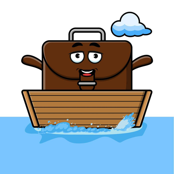 cute cartoon suitcase get on boat in vector character illustration - Вектор,изображение