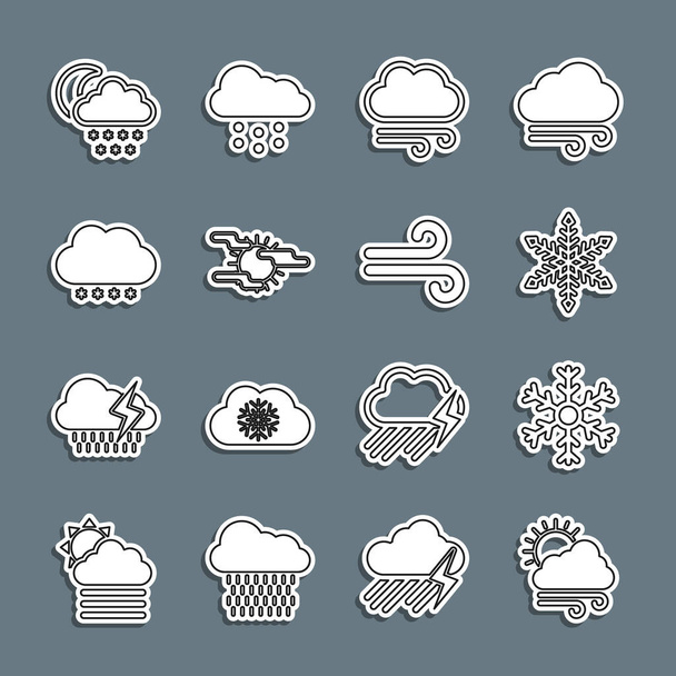 Set line Windy weather Snowflake Fog and sun Cloud with snow moon and icon. Vector. - Vector, Image