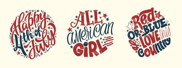 Happy 4th of July USA Independence Day greeting card with waving american national flag and hand lettering text design. Fourth of July typographic design. Usable as greeting card, banner, background. - Vector, Image