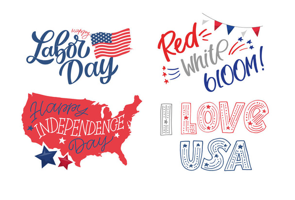 Happy 4th of July USA Independence Day blahopřání s vlnící se americkou národní vlajkou a ručně psaný text design. Typografický design 4. července. Použitelné jako pohlednice, nápis, pozadí. - Vektor, obrázek