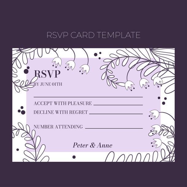 Casamento floral modelo RSVP na mão desenhado estilo doodle, design de cartão de convite com flores de linha, folhas, samambaia e pontos. Moldura decorativa vetorial em fundo branco e lilás. - Vetor, Imagem