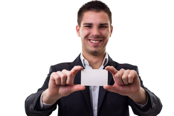 Бізнесмен показує свою візитку, ізольовані на білому
 - Фото, зображення