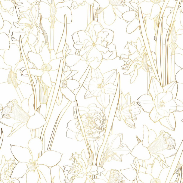 Motif délicat sans couture avec des fleurs de printemps ligne dorée. Illustration de jonquilles printanières lumineuses. - Vecteur, image