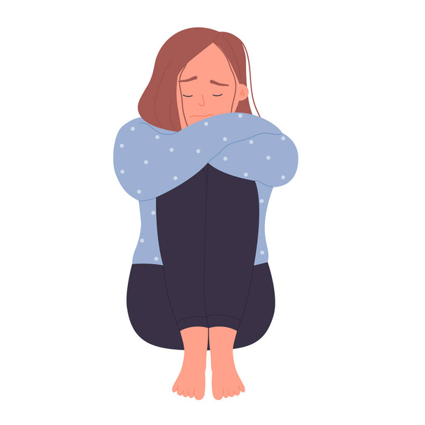 Lonely depressed young woman. Suffering girl, sadness and anxiety feeling vector illustration - Vector, Image