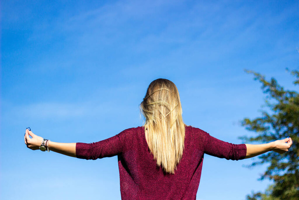 Veselá mladá žena s rukama zvednutýma k nebi. Mladá žena si užívá výhled na přírodu. Zadní pohled - Fotografie, Obrázek