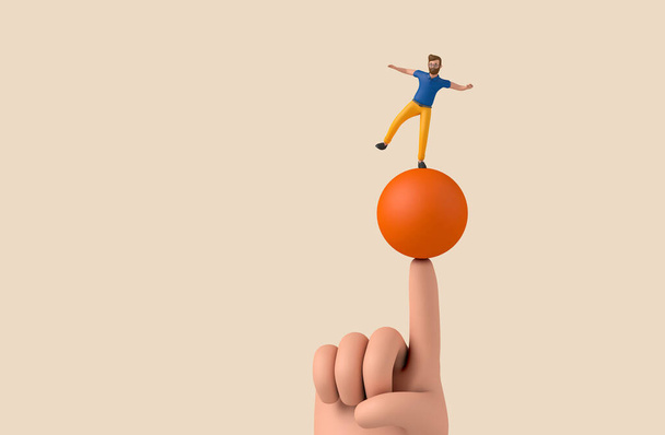 A male character balancing on a large finger. 3D Rendering. - Photo, Image