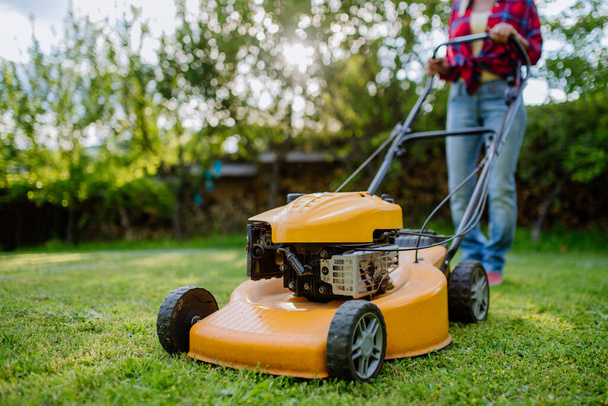 A close-up of woman mowing grass with lawn mower in the garden, garden work concept. - Foto, immagini