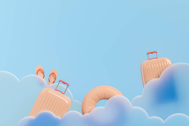 rendu 3D créatif avec valises latérales dures avec anneau de natation et tongs au milieu des nuages sur fond bleu montrant le concept de vacances d'été - Photo, image