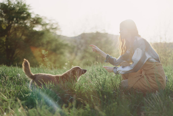 Une femme joue un jeu avec son petit chien sur l'herbe verte dans un champ dans la lumière du soir ensoleillée de la nature. Le concept du soin des animaux et de l'harmonie avec la nature. Photo de haute qualité - Photo, image