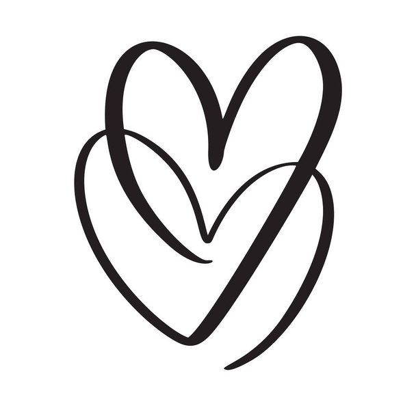 Vektorová kaligrafie dvě srdce milují jeden řádek. Romantický valentýnský symbol spojený, vášeň a svatba. Šablona pro tričko, kartu, plakát. Návrh ploché ilustrace. - Vektor, obrázek