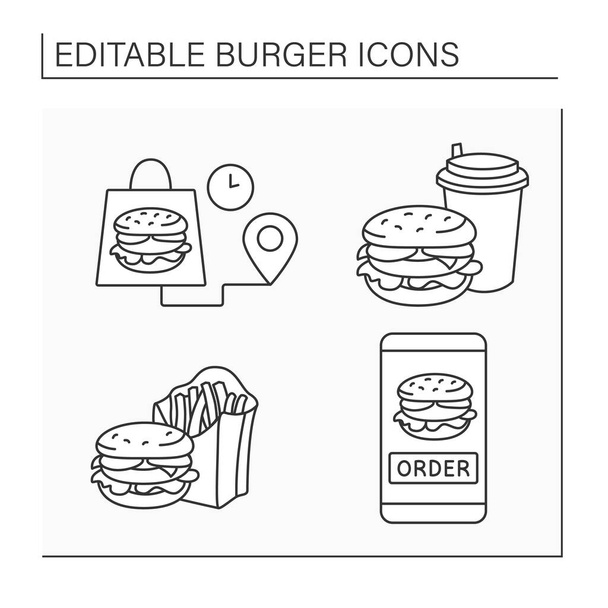 Die Symbole der Burger-Linie sind gesetzt. Lieferung vom Café, Sandwich mit Getränken und Pommes frites. Online bestellen. Fast Food-Konzept. Vereinzelte Vektorillustrationen. Essbarer Schlaganfall - Vektor, Bild