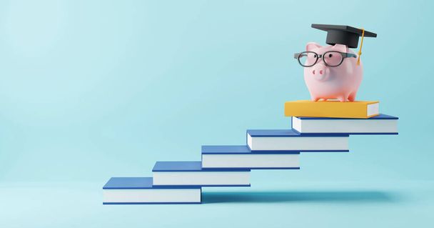 Educatie concept ontwerp van spaarvarken bank met bril dragen graduatie pet op boek trap 3D renderen - Foto, afbeelding