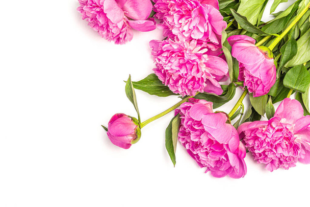 Fragrant pink peonies bouquet isolated on white background. Summer card, seasonal design, festive holiday concept, hard light, dark shadow, top view - Foto, Bild