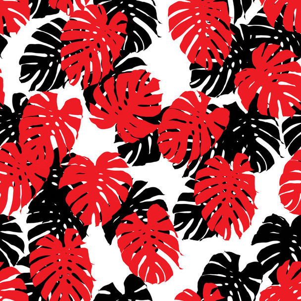 Seamless pattern with Philodendron. Repeating texture with red drawn leaf  on the white background.Vector illustration. - Vecteur, image