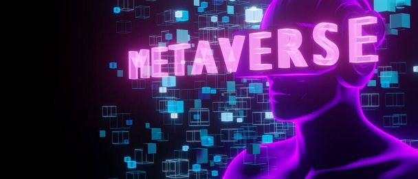 Metaverse vr mundo simulación juego estilo cyberpunk, robot digital con el hombre cibernético con resplandeciente 3d renderizado - Foto, imagen