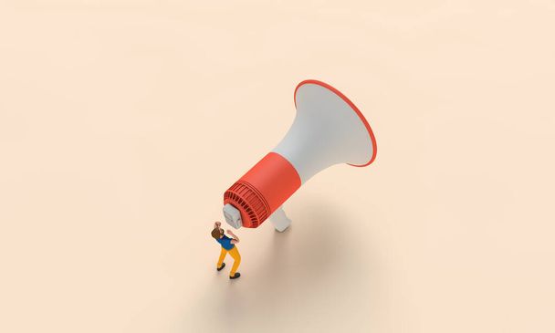 Male character using a megaphone. Business announcement. 3D Rendering. - 写真・画像