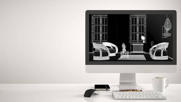 Projekt architektoniczny domu, komputer stacjonarny na białym tle, biurko pokazujące szkic CAD, skandynawski salon z sofą i fotelami, wystrój wnętrz - Zdjęcie, obraz