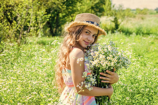 Happy little kid wear sun hat on long wavy hair holding beautiful chamomile flowers spa and beauty care on sunny summer landscape, look. - Фото, изображение