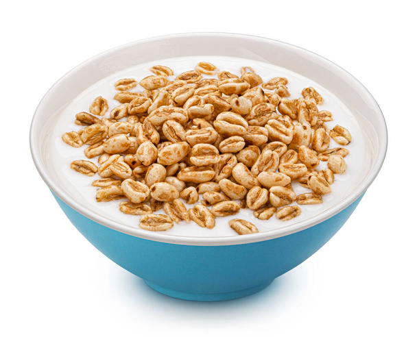 Puffed wheat cereal on white background, honey air rice isolated with clipping path, full depth of field - Photo, Image