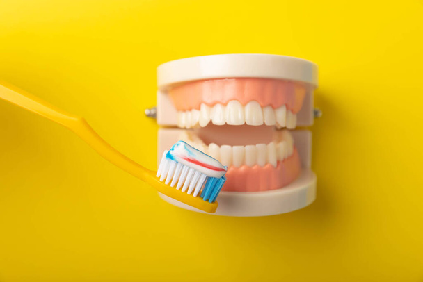 Zubní kartáček se žlutým zubním kartáčkem na žlutém pozadí. Horní a dolní čelisti s falešnými zuby. Zubní protézy nebo falešné zuby, zblízka. copy space.Prevence caries.mocap - Fotografie, Obrázek