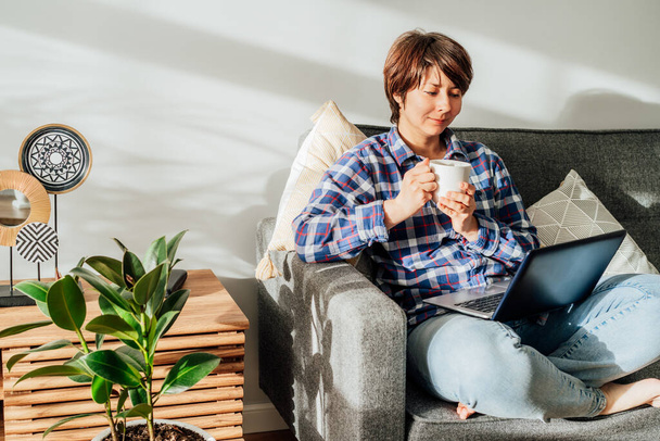 Smiled mixed race woman with tea or coffee cup using laptop at home sitting on soft couch. Cozy workspace in modern interior with green plants. Remote work at home. Online education or entertainment - Photo, Image