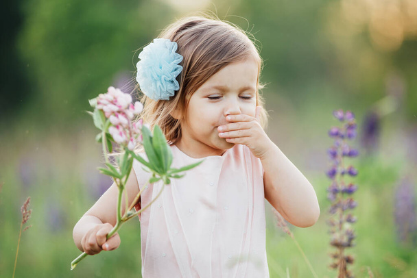 portrait of cute little happy two year old kid girl with bloom flowers lupines in field of purple flowers. Child in nature concept. Summer vacation holidays. Spring allergy season. Childhood - Фото, изображение
