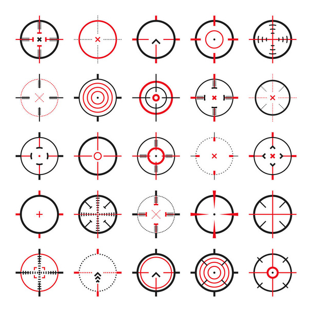 Crosshair, gun sight vector icons. Bullseye, black target or aim symbol. Military rifle scope, shooting mark sign. Targeting, aiming for a shot. Archery, hunting and sports shooting. Game UI element - Vector, Image