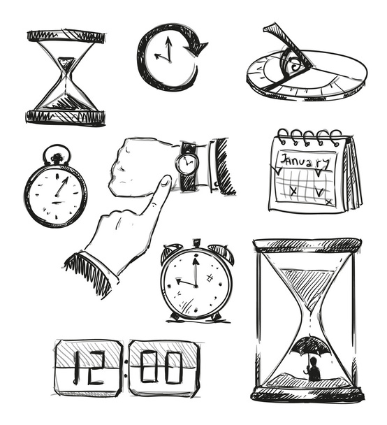 Esboço à mão livre de símbolos do tempo. Ícones de tempo. Ilustração vetorial
. - Vetor, Imagem
