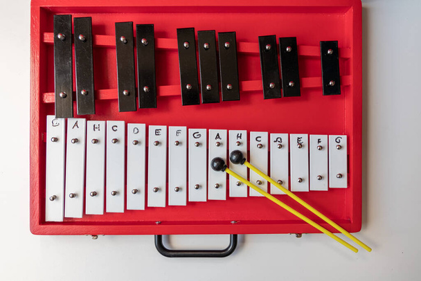 Φορητό ξυλόφωνο ή sticcado με drum sticks για εκπαιδευτικές μουσικές τέχνες με κλασσικό όργανο για δημιουργικότητα και μουσικούς για ρυθμό πληκτρολογίου με stick shifts για να ακούνε μελωδίες και να παίζουν χαρά - Φωτογραφία, εικόνα