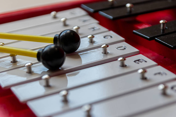 xylophone portable ou sticcado avec batteur pour les arts musicaux éducatifs avec instrument classique pour la créativité et musiciens pour le rythme du clavier avec décalages de bâton pour écouter des airs et jouer de la joie - Photo, image