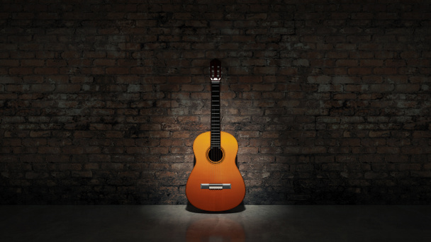 akustická kytara, opíraje se o zeď výstřední - Fotografie, Obrázek
