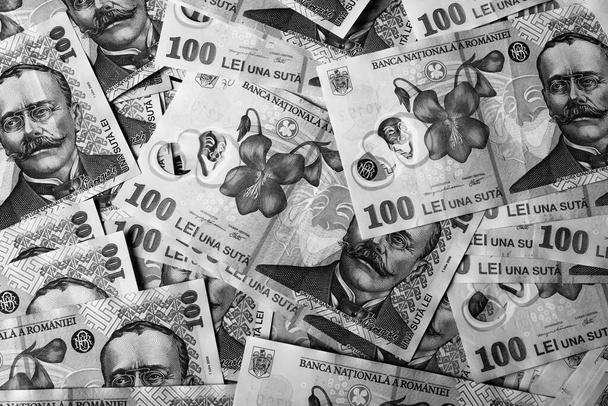 Montón de dinero rumano LEI. RON Leu Money Moneda europea - Foto, imagen