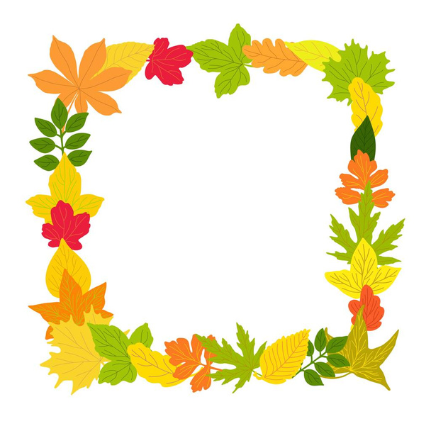 Hojas de otoño marco rectangular vector simple concepto minimalista ilustración de estilo plano, arreglo floral natural multicolor para invitaciones, tarjetas de felicitación, folleto, decoración de vacaciones de otoño - Vector, imagen
