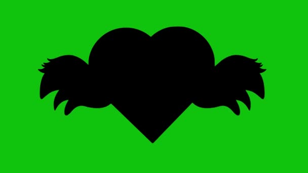 Loop-Animation der schwarzen Silhouette eines geflügelten Herzens, das seine Flügel bewegt, auf grünem Chroma-Hintergrund - Filmmaterial, Video