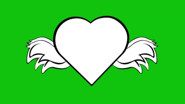 Loop-Animation eines geflügelten Herzens, das mit den Flügeln schlägt, in schwarz-weiß gezeichnet. Auf einem grünen Chroma-Tastenhintergrund - Filmmaterial, Video