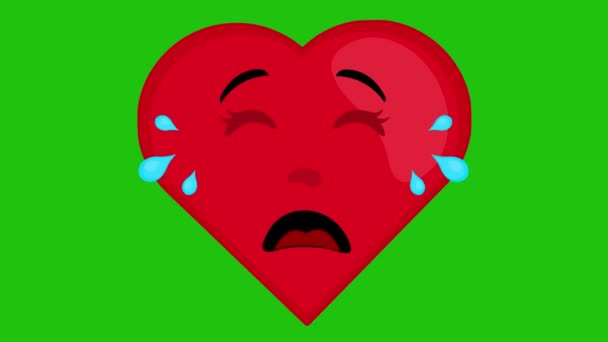Animação de loop de um personagem de desenho animado de um coração, chorando com lágrimas em seus olhos. Em um fundo de chave de croma verde - Filmagem, Vídeo