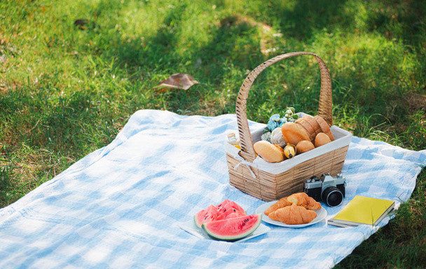 Picnic wattled basket with bread food and fruit, Ukulele, a retro camera on blue cloth in green grass garden with copy space at sunny summertime - Foto, Imagen