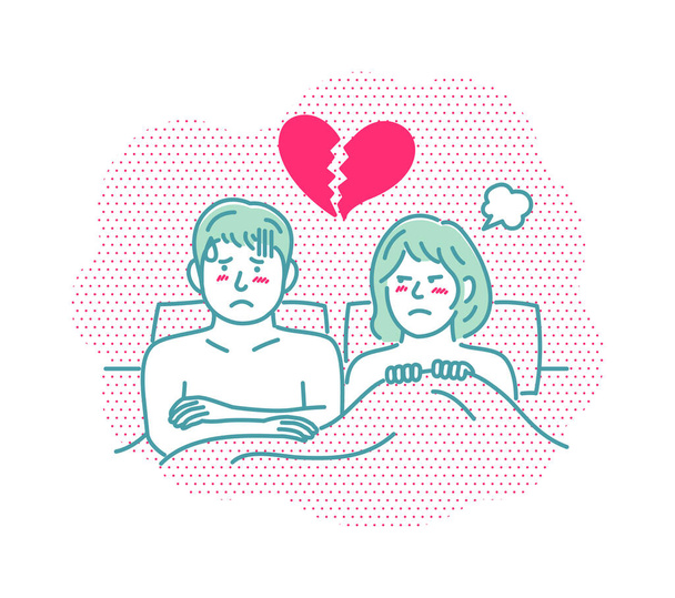 Ilustração vetorial de um jovem casal na cama com raiva, disfunção erétil, sem sexo - Vetor, Imagem
