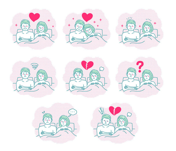 Conjunto de ilustração vetorial de um jovem casal na cama (várias situações) - Vetor, Imagem