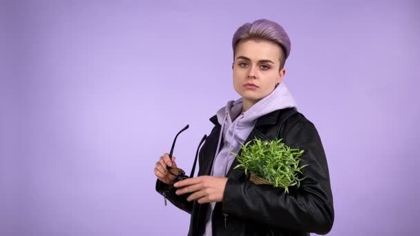 Persona LGBT femenina audaz con peinado de moda que usa chaqueta de cuero, sostiene una planta en maceta verde, da un aspecto cínico seco a la cámara, se pone gafas de sol aisladas sobre fondo púrpura en el interior. - Metraje, vídeo