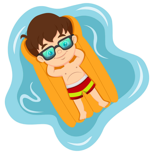 Vector Illustration of Cartoon little boy sunbathing on an inflatable mattress - Vecteur, image