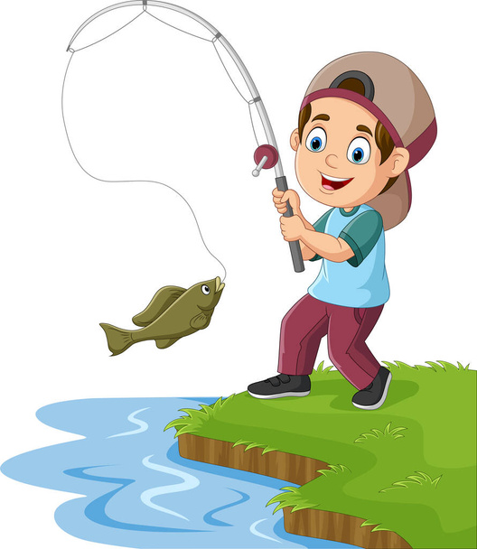 Illustrazione vettoriale della pesca del bambino del fumetto sul lago - Vettoriali, immagini