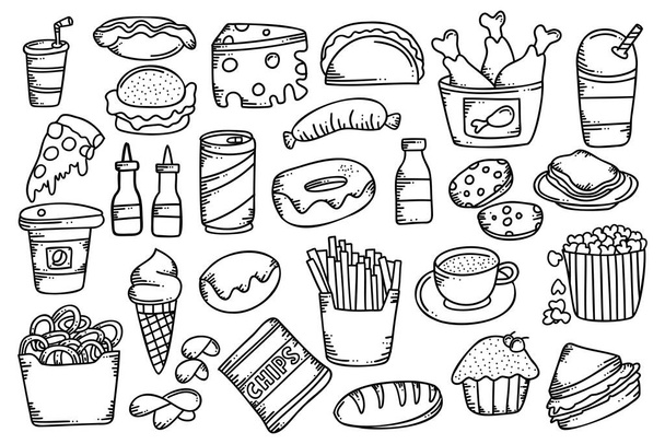 fast food skica čmáranice design na set - Vektor, obrázek