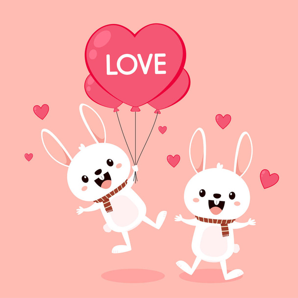 Valentine's day card with Kawaii bunny. Rabbit cartoon vector collection. Animal wildlife character. Small lovely rabbit holds love heart. Valentine's day illustration. - Вектор,изображение