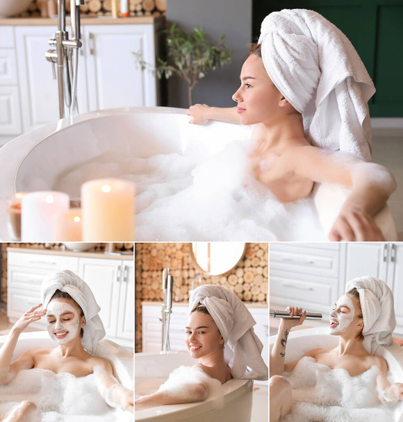 Collage con hermosa mujer joven tomando baño - Foto, Imagen