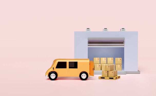 edificio almacén 3d con camión, furgoneta de entrega naranja, caja de cartón de mercancías, plataforma, camión aislado sobre fondo rosa. concepto de servicio logístico, ilustración de renderizado 3d  - Foto, Imagen