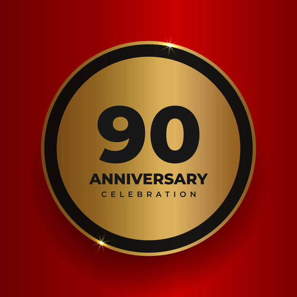 90 let výročí oslavy pozadí. Slavíme plakát k oslavě 90. výročí. Vektorový zlatý kruh s čísly a textem na červeném čtvercovém pozadí. Vektorová ilustrace - Vektor, obrázek