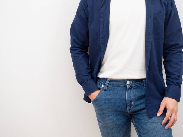 Closeup man jean suit put hand in pocket on white isolated background - Φωτογραφία, εικόνα